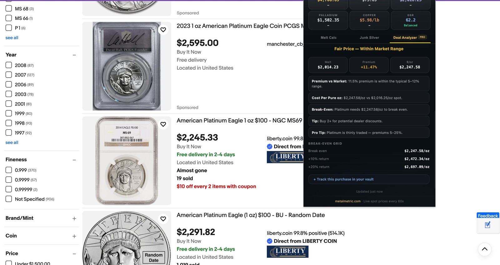 MetalMetric Chrome extension Deal Analyzer results showing melt value, premium percentage, and break-even grid for a Platinum Eagle coin